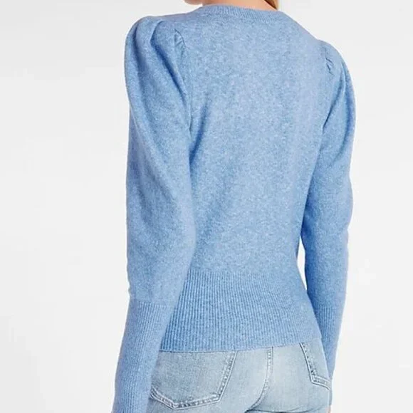 Express Jewel Embellished Faux Button Puff Sleeve Sweater Blue V-neck - Picture 3 of 10